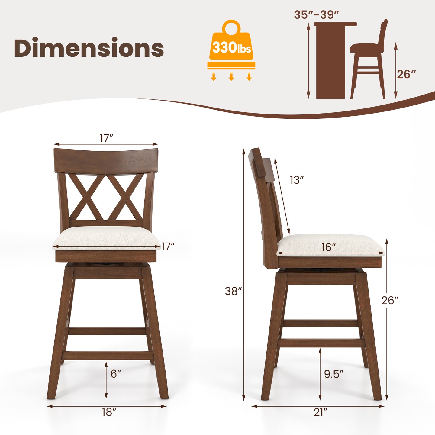 26 Inch Bar Stool with Contoured Backrest, Swivel Padded Seat, Adjustable Height