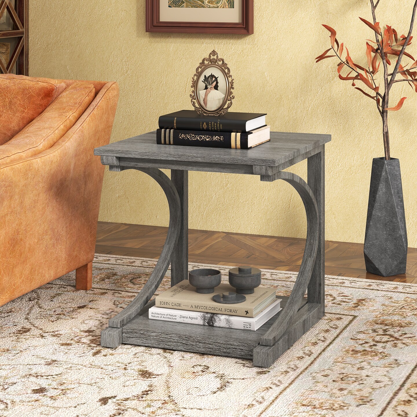 Black Metal Wood 24 Inch C-Shaped 2-Tier Square End Table Sofa Side Table - Grey