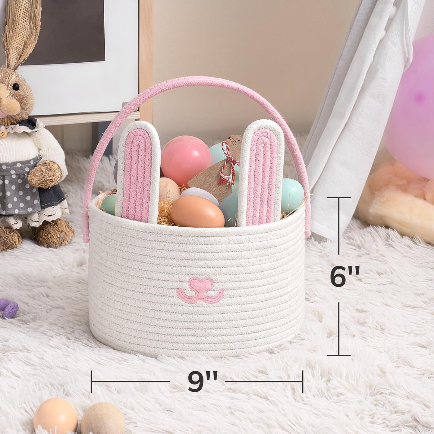 Baby Easter Basket Empty Gift Basket, Woven Rope Basket with Handles, Easter Bunny Baskets for Toddle Boys Girls, Easter Egg Basket with Decorative Rabbit, Pink