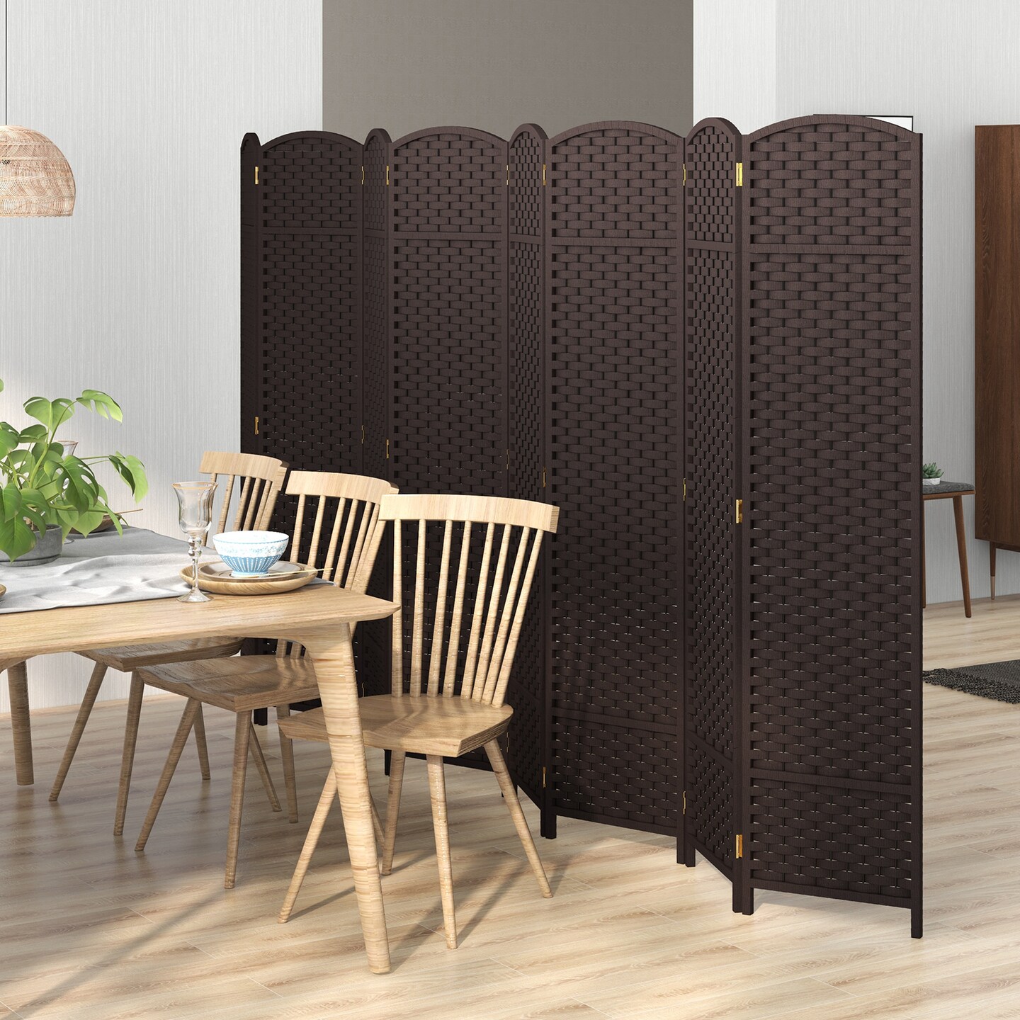 8-Panel Folding Room Divider with Hand-woven Texture and Wood Frame