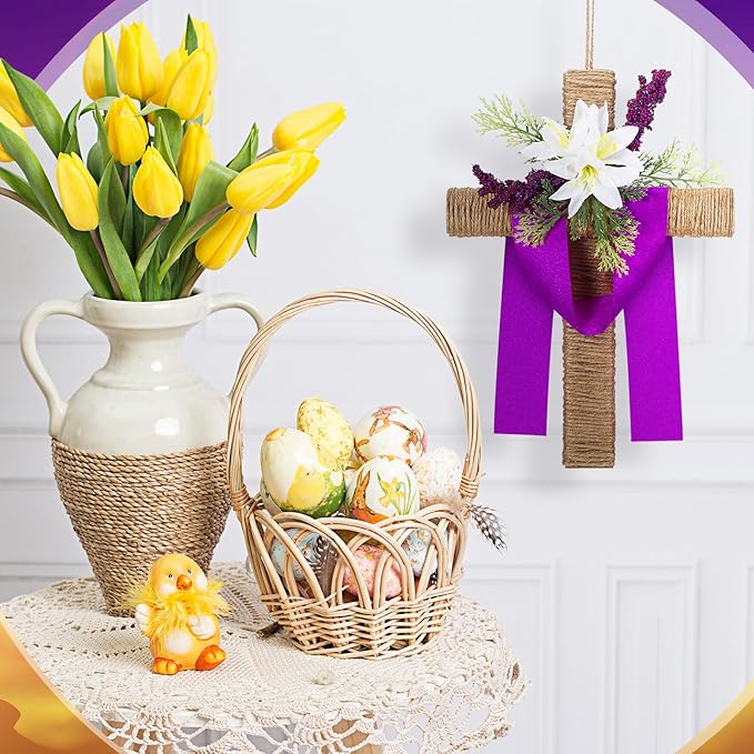 Easter Front Door Wreath Cross Easter Wreath Wood Artificial Hanger Wall Wreaths Christian Lily Flowers Signs Door Decorations for Home Porch Spring Farmhouse Party Decor