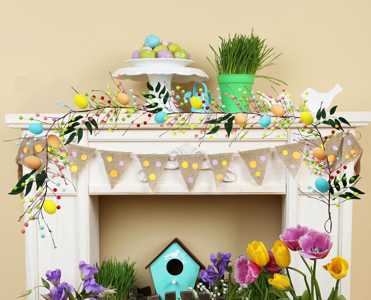 6FT Artificial Easter Egg Garland with Mixed Berry Garland with Lights Easter Decoration for Mantle Table Party
