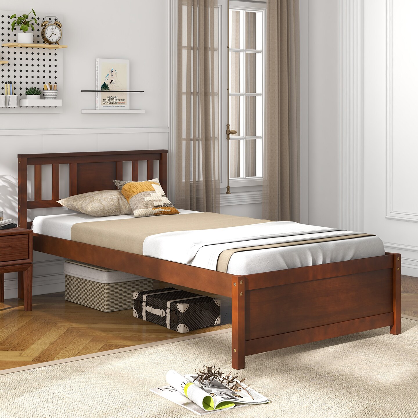 Wooden Platform Bed with Headboard and Slat Support