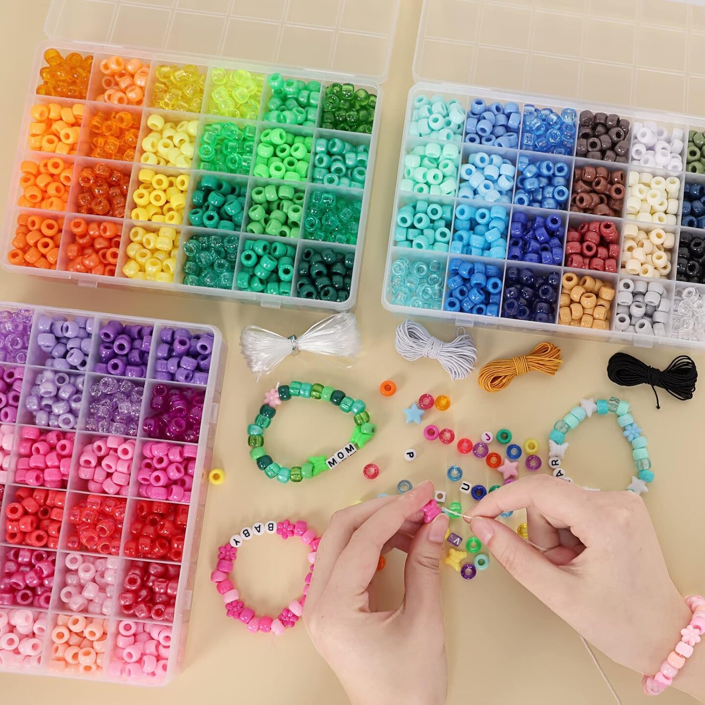4700pcs, 72 Colors Pony Beads Rainbow Kandi Bead for Bracelets Making Kit, 3600pcs 9mm Plastic Beads and 1000pcs Letter Beads, Alphabet Beads for Bracelets Jewelry Making with Elastic Threads