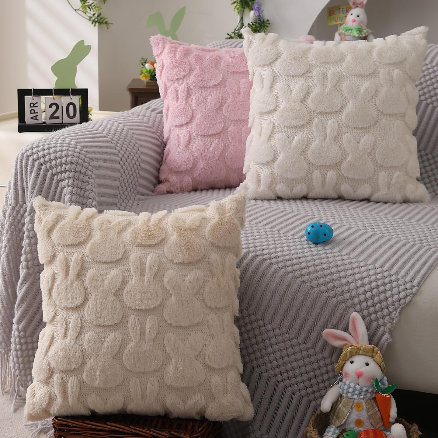 Easter Pillow Covers 18x18 inch Set of 2 Easter Decoration Pink Rabbit Soft Plush Faux Fur Jacquard Throw Pillows