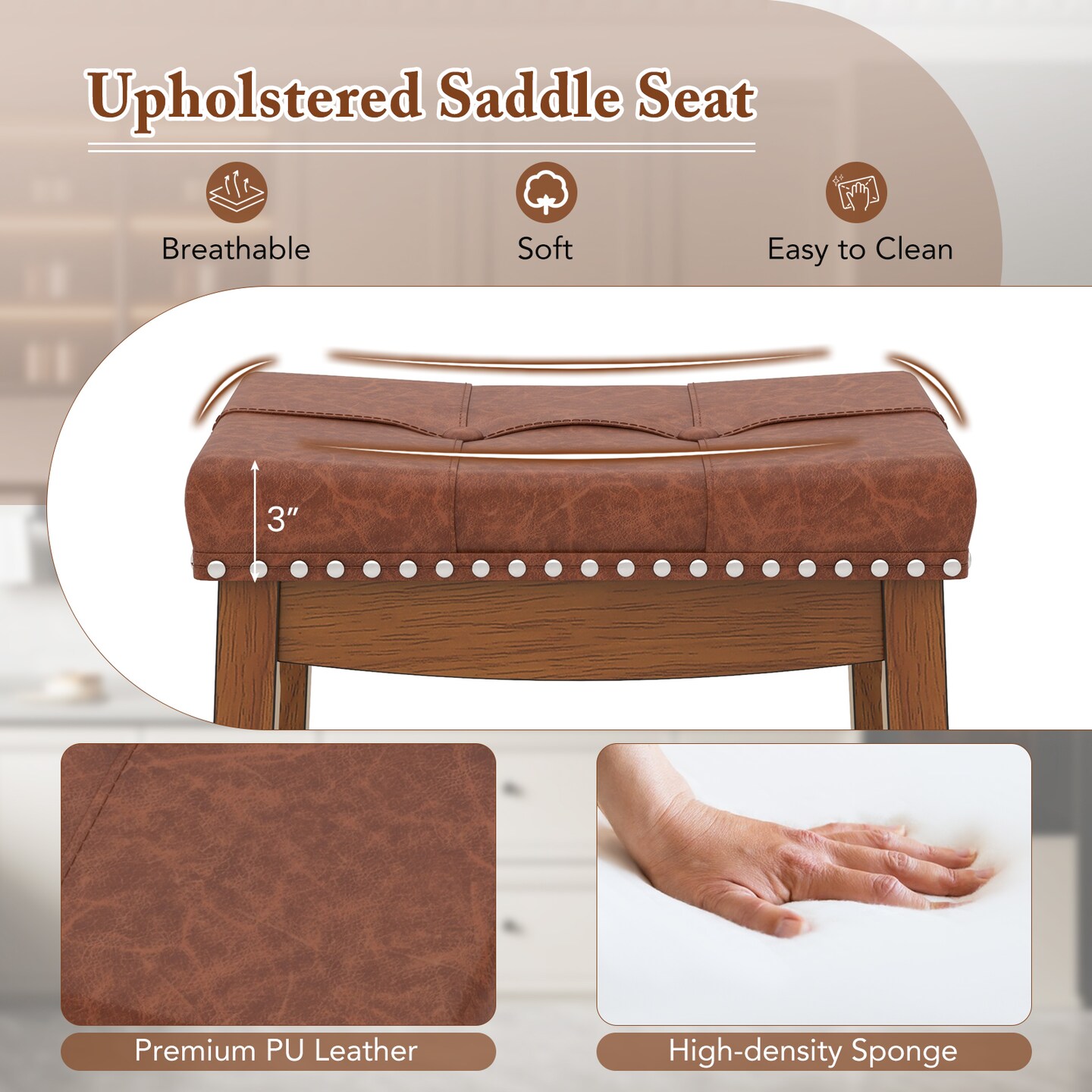 PU Leather Saddle Seat Bar Stools Set of 2, 25/29 Inch Upholstered Counter Height Chairs