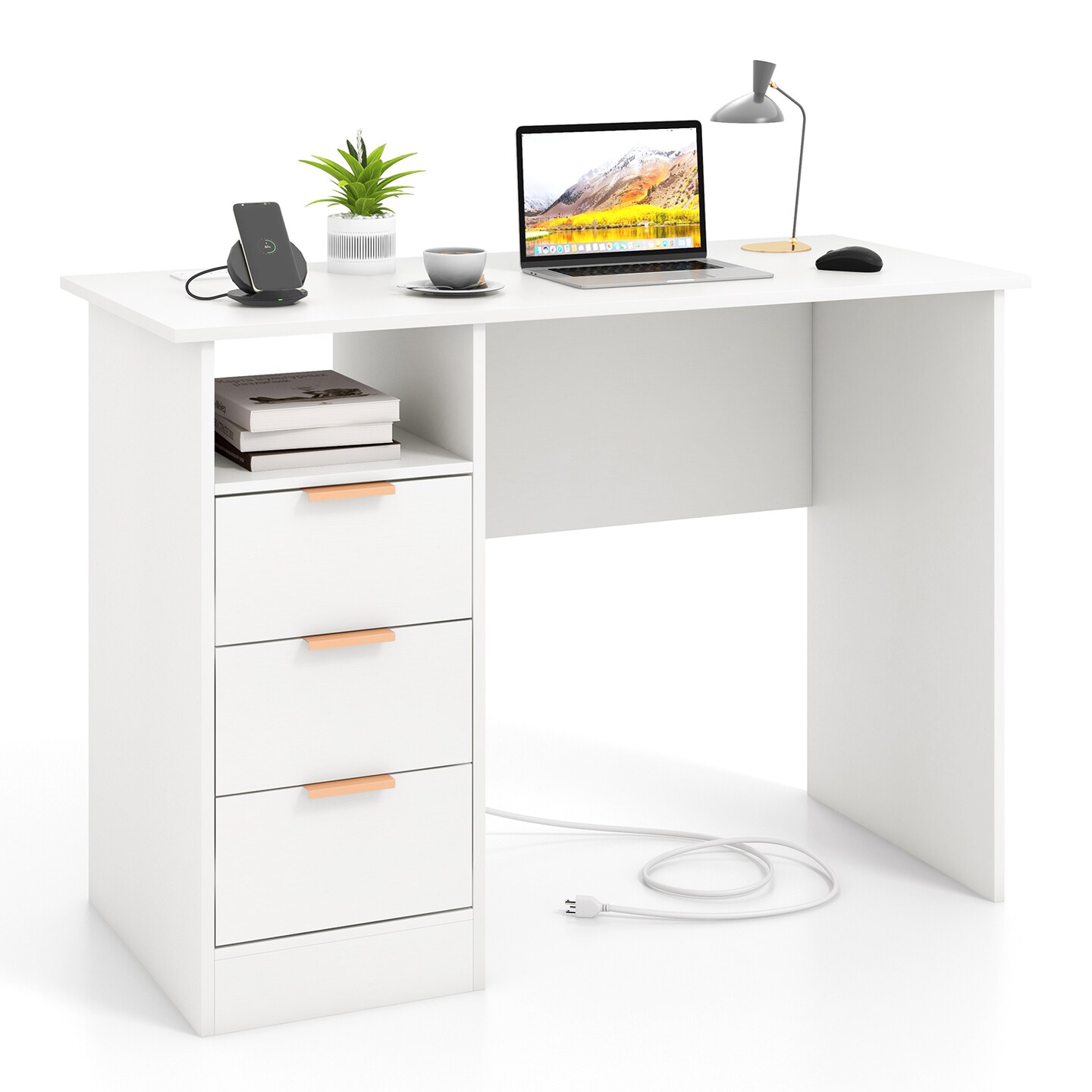 White Home Office Desk with Power Outlet 3 Storage Drawers and Open Compartment