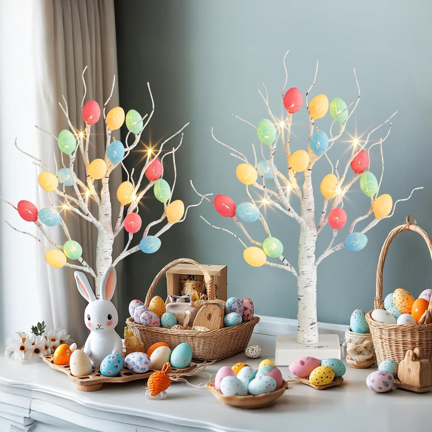 Easter Decorations, 22&#x22; Easter Tree Lighted Tabletop with 36 Cracked Egg, Easter Egg Tree for Spring Decoration, 2PK Pre-lit White Birch Tree for Indoor Home Decor, USB and Battery Powered