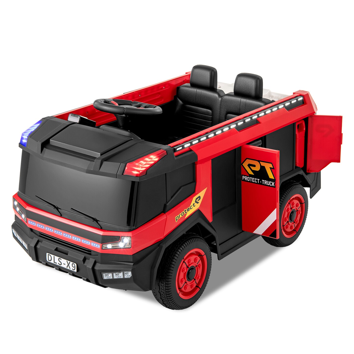 Red 12V Electric Kids Ride-On Fire Truck 2-Seater with Remote Control, Water Gun, and Siren-Red