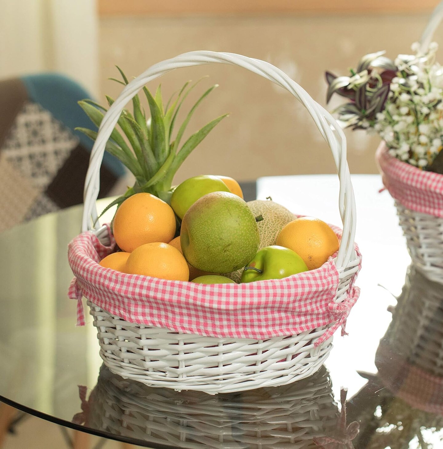 White Round Willow Gift Basket, with Pink Gingham Liner and Handle - Medium