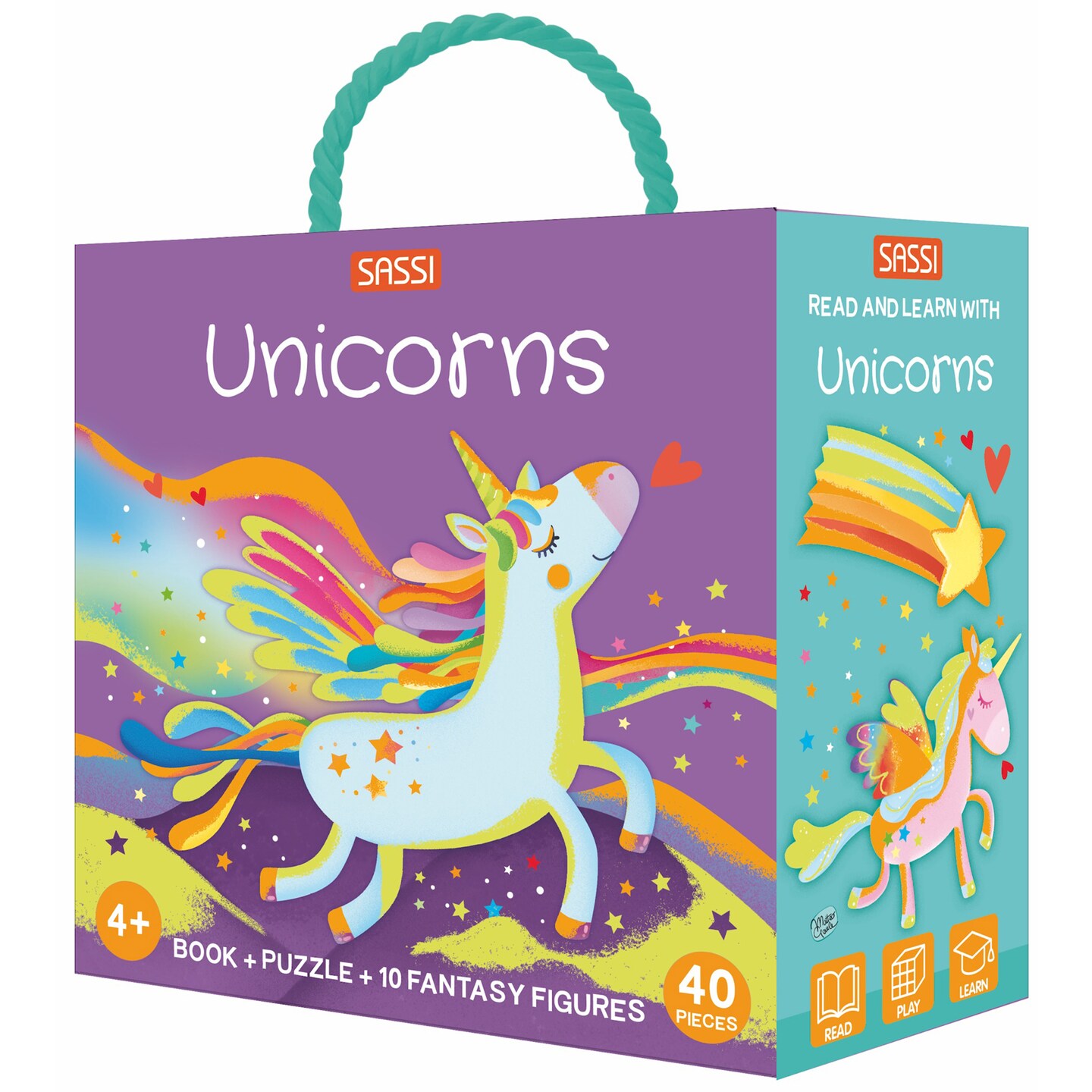 Sassi: Q-Box - Unicorns - Read-Play-Learn Mythical Set, 40pc Puzzle, Booklet, 10 Fantasy Figures, Storage Box, Interactive Educational Fun, Kids 4+