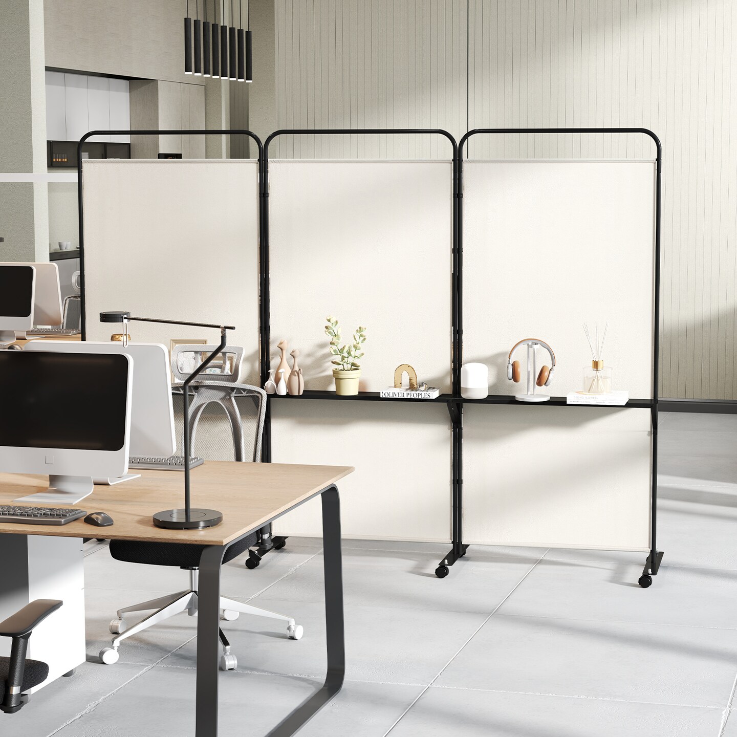 3-Panel Folding Room Divider with 3 Metal Shelves and Lockable Wheels