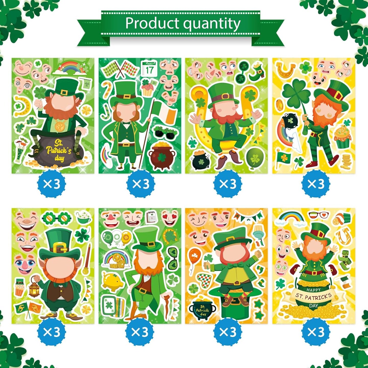 24 Sheets St. Patrick&#x27;s Day Stickers Make a Face Stickers Lucky Shamrock Stickers Irish Stickers
