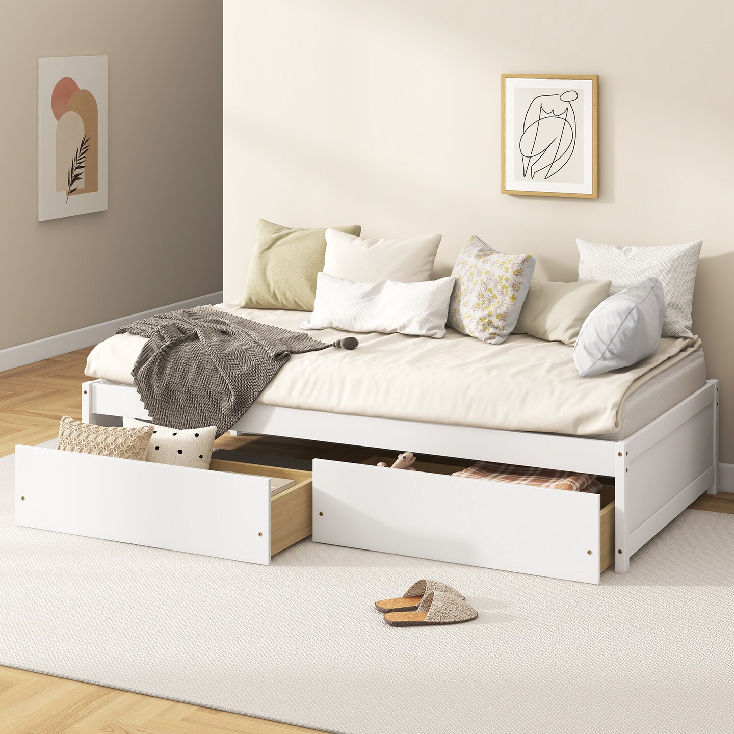 Wooden Twin Captain Bed with Storage Drawers and Daybed Function