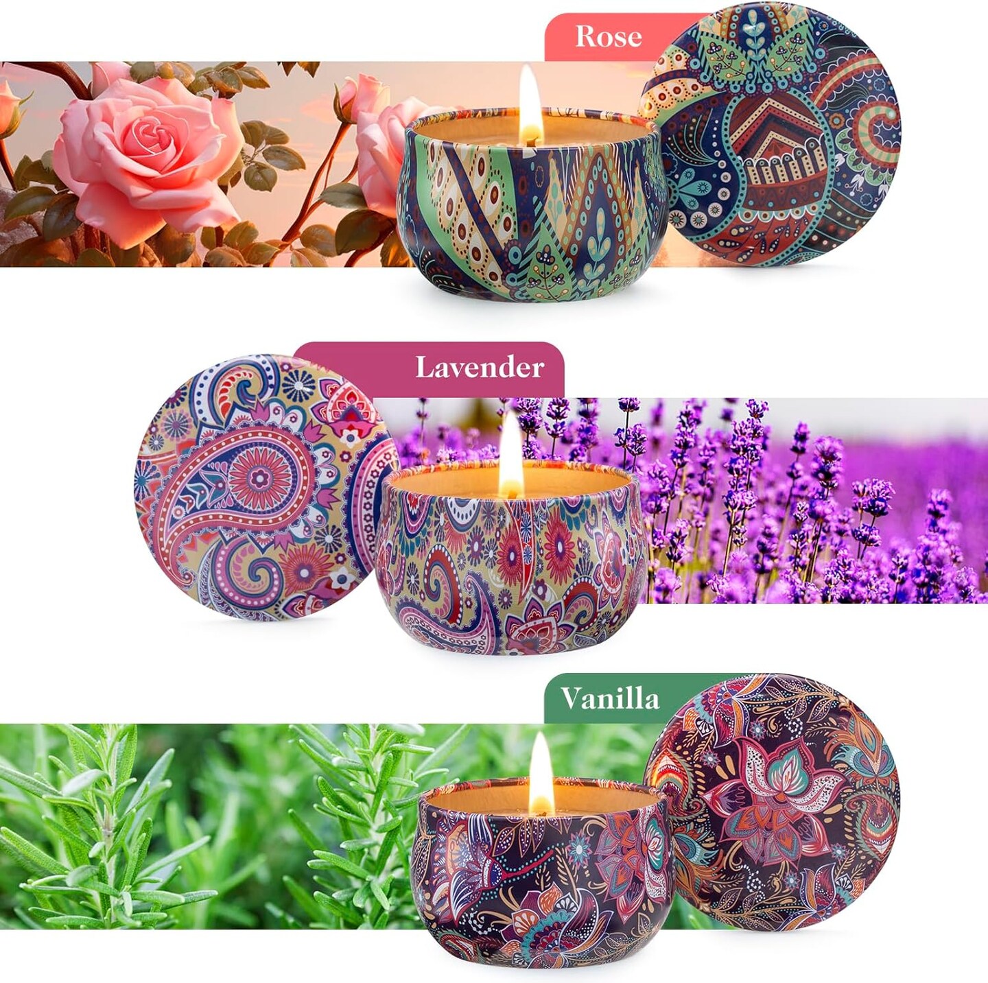 3 Pack Scented Candles, 2.5 oz Aromatherapy Candles with Floral Scents,Soy Candles Set with 72H Burning Time,Ideal Gift for Women (Lavender+Vanilla+Rose)