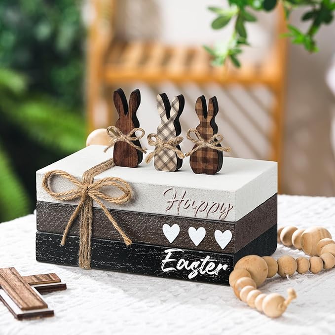 6 Pcs Easter Tiered Tray Decor Wooden Farmhouse Faux Stacked Books Easter Bunny Rabbit Decorative Table Centerpiece Block Signs for Party Home Kitchen Dining Table Decor