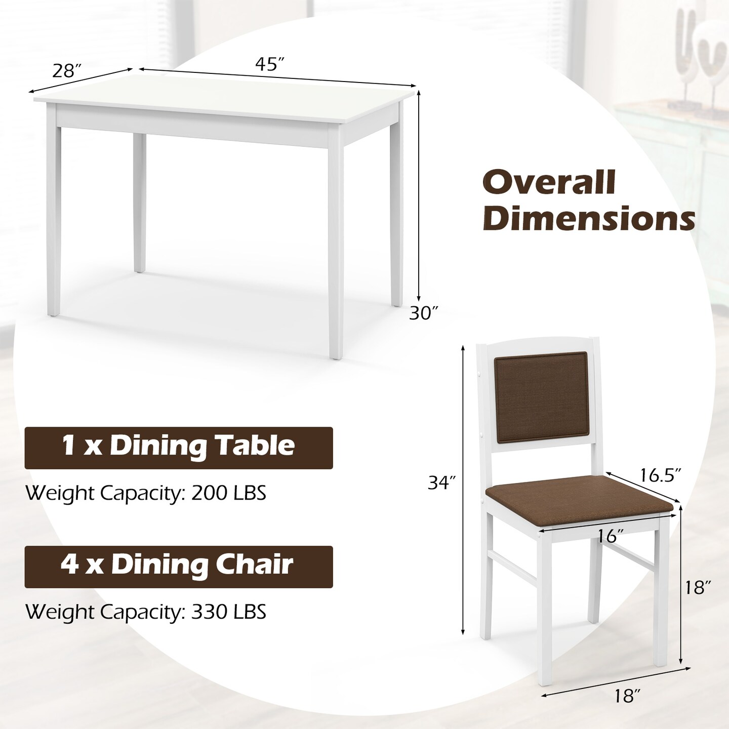 5-Piece Dining Set for 4 with Rubber Wood Legs, Compact Design for Small Dining Room