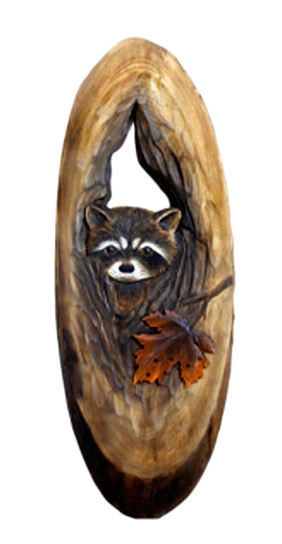 Racoon Hand Crafted Intarsia Wood Art Wall Hanging 13 X 32 X 3 Inches