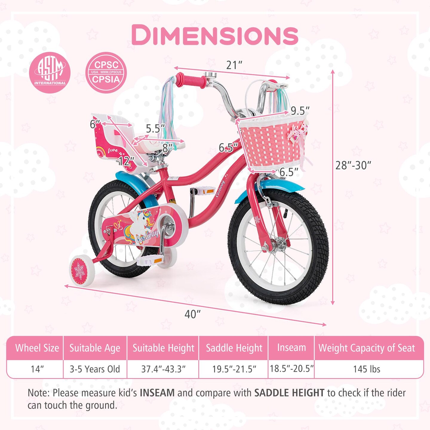 14 Inch Girls Bike with Doll Seat, Training Wheels for 3-5 Years Old Kids, Pink Steel Frame