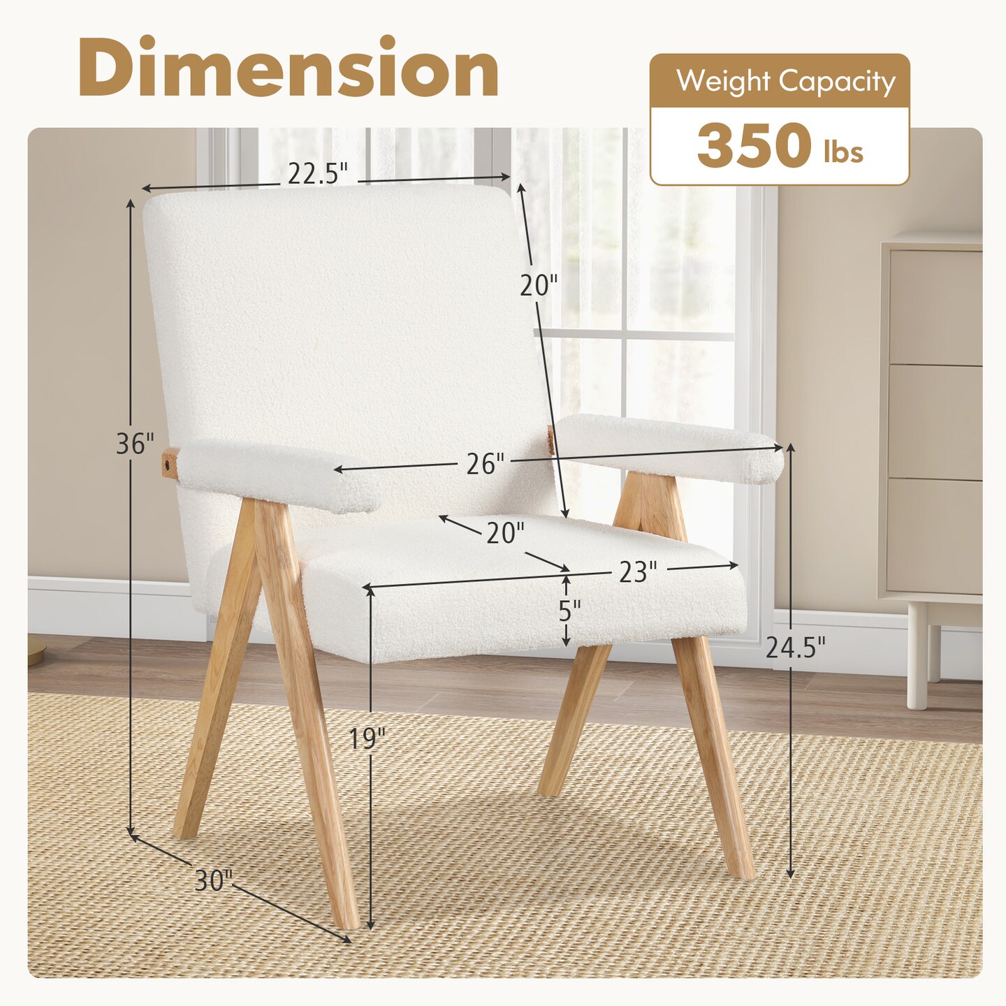 Beige Sherpa Fabric Accent Chair with Wood Arms and Backrest Comfy Lounge Chair for Modern Homes