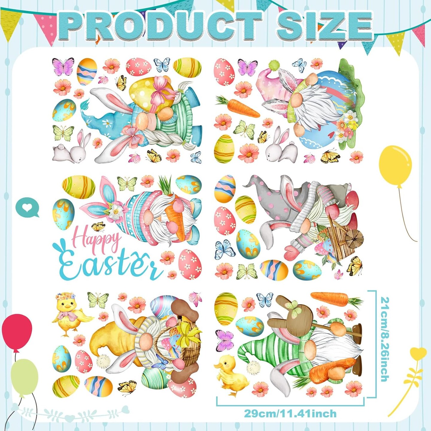 89PCS Easter Wall Stickers – 6 Sheets of Colorful Eggs, Bunnies & Flowers for Home, Office & Party Decor