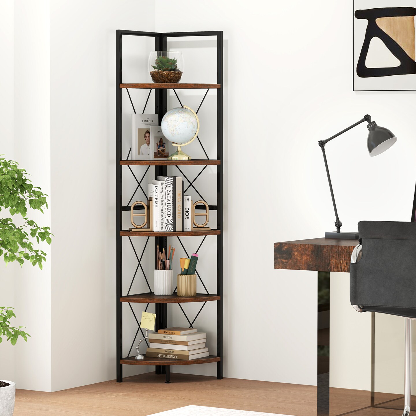 63 Inch Tall 5-Tier Freestanding Corner Storage Shelf with Heavy Duty Metal Frame and X-Shaped Brackets