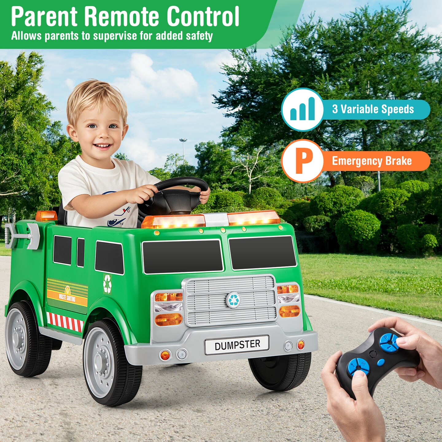 Green Plastic 12V Battery-Powered Electric Vehicle with Remote Control &#x26; Trash Bin