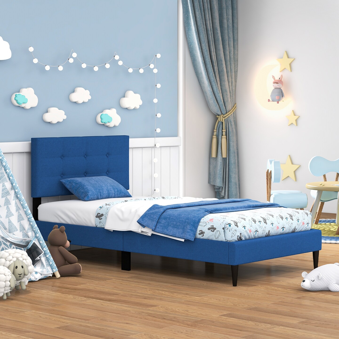 Linen Upholstered Twin Size Platform Bed with Button Tufted Headboard