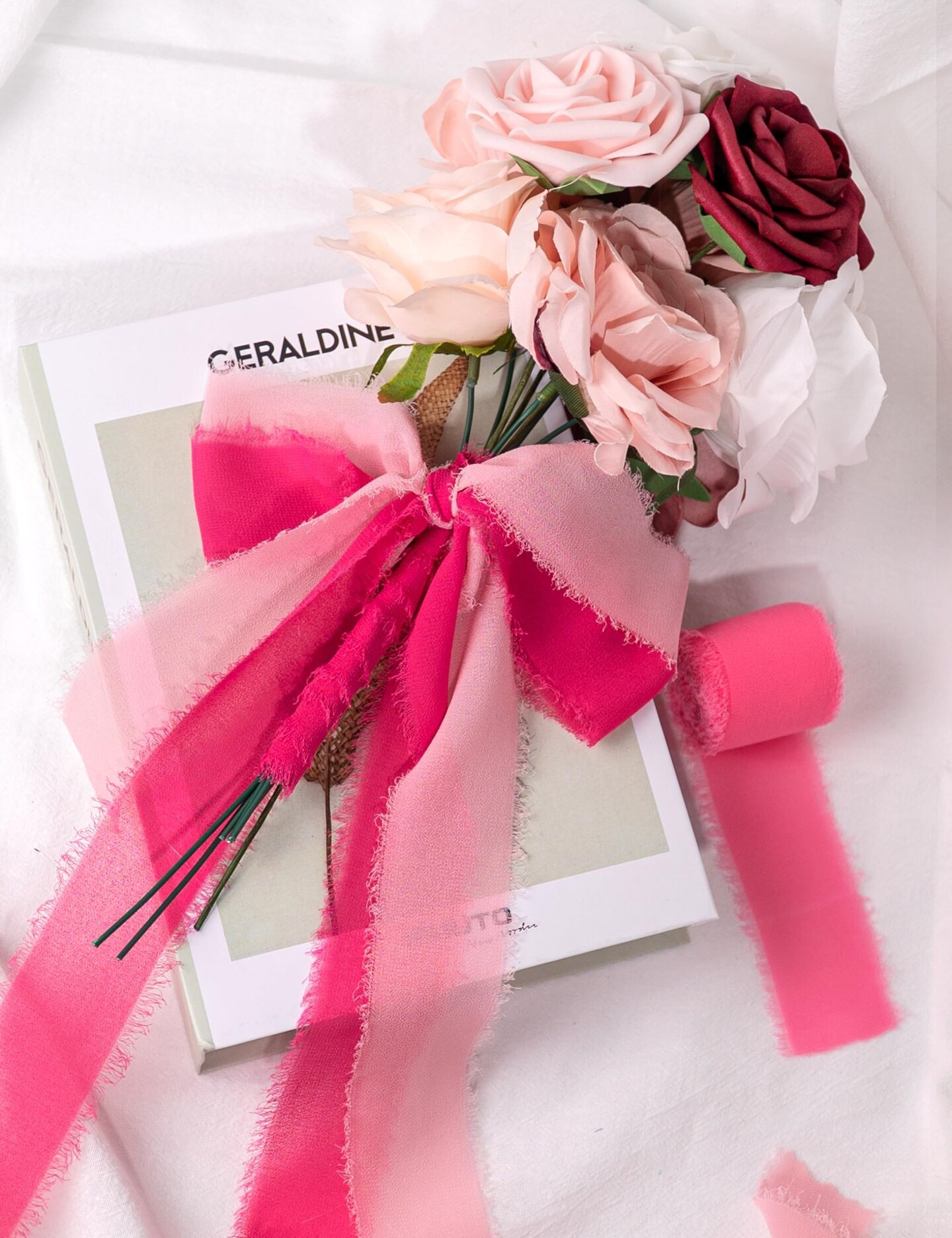 Chiffon Ribbon, Hot Pink Pastel Pink 1.5&#x27;&#x27;x21Yd Frayed Fringe Silk Ribbon for Gift Wrapping, Handmade Ribbons for Floral Vase, Halloween, Wedding, Birthday, Engagement, Bridal Shower, 3 Rolls