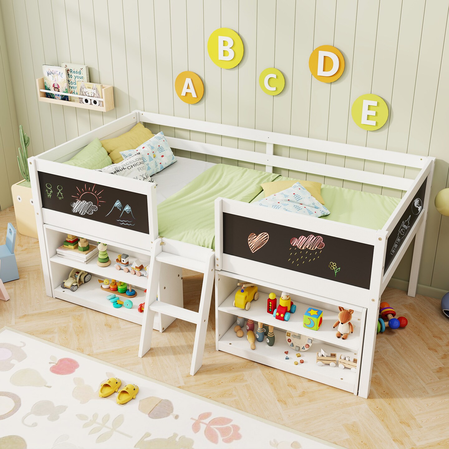 Twin Loft Bed with Chalkboards, Bookcases, Storage Shelf, Guardrails, and Sturdy Wood Construction