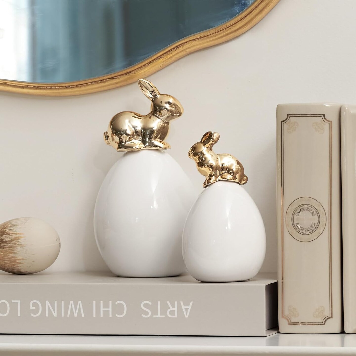 Easter Bunny Decorations, 2 Pcs Cute Gold Rabbit Sit on White Eggs Figurines for Spring Indoor Home Decor, Porcelain Rabbit Statues Table Centerpiece Mantel Tray Decor Gift