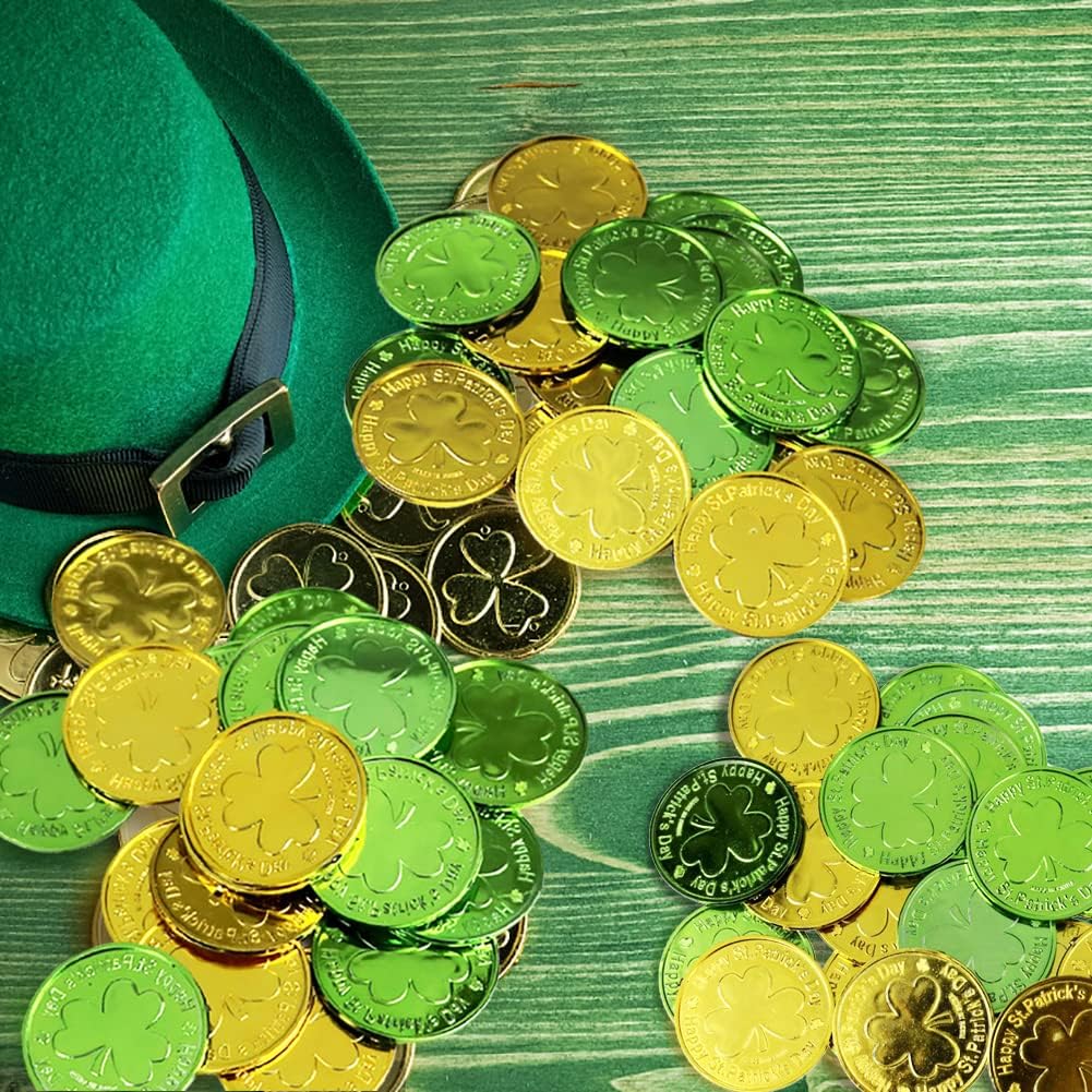 St. Patrick's Day Gold Coins, 120 Pieces Gold Green Lucky Coins Plastic Shamrock Leprechaun Coins, 3-Leaf Clover Coin Table Scatter Decoration for St. Patrick's Day Party Favors