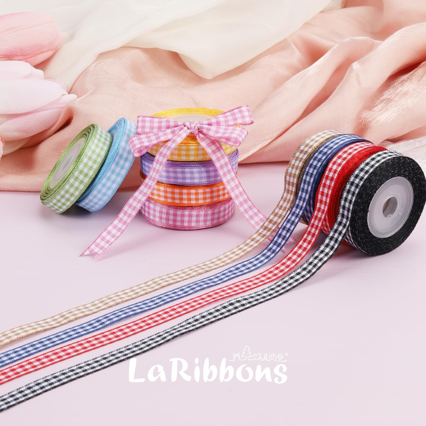10 Color 100 Yards Gingham Ribbon Variety Pack, 3/8" X 10 Yards/Roll Assorted Spring Easter Plaid Ribbon for Crafts, Gift Wrapping, Hair Bows, Birthday, Babyshower Decoration