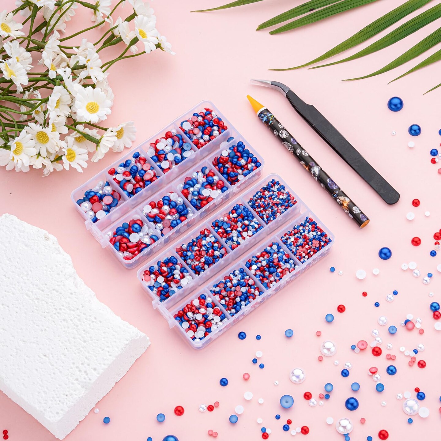 6540PCS Mix Color Resin Flat Back Pearls Rhinestones,Mixed Size 2/3/4/5/6/8/10mm Half Round Pearl Beads Nail Gems Rhinestone with Tweezers and Picker Pencil for Crafts Nail DIY Decoration