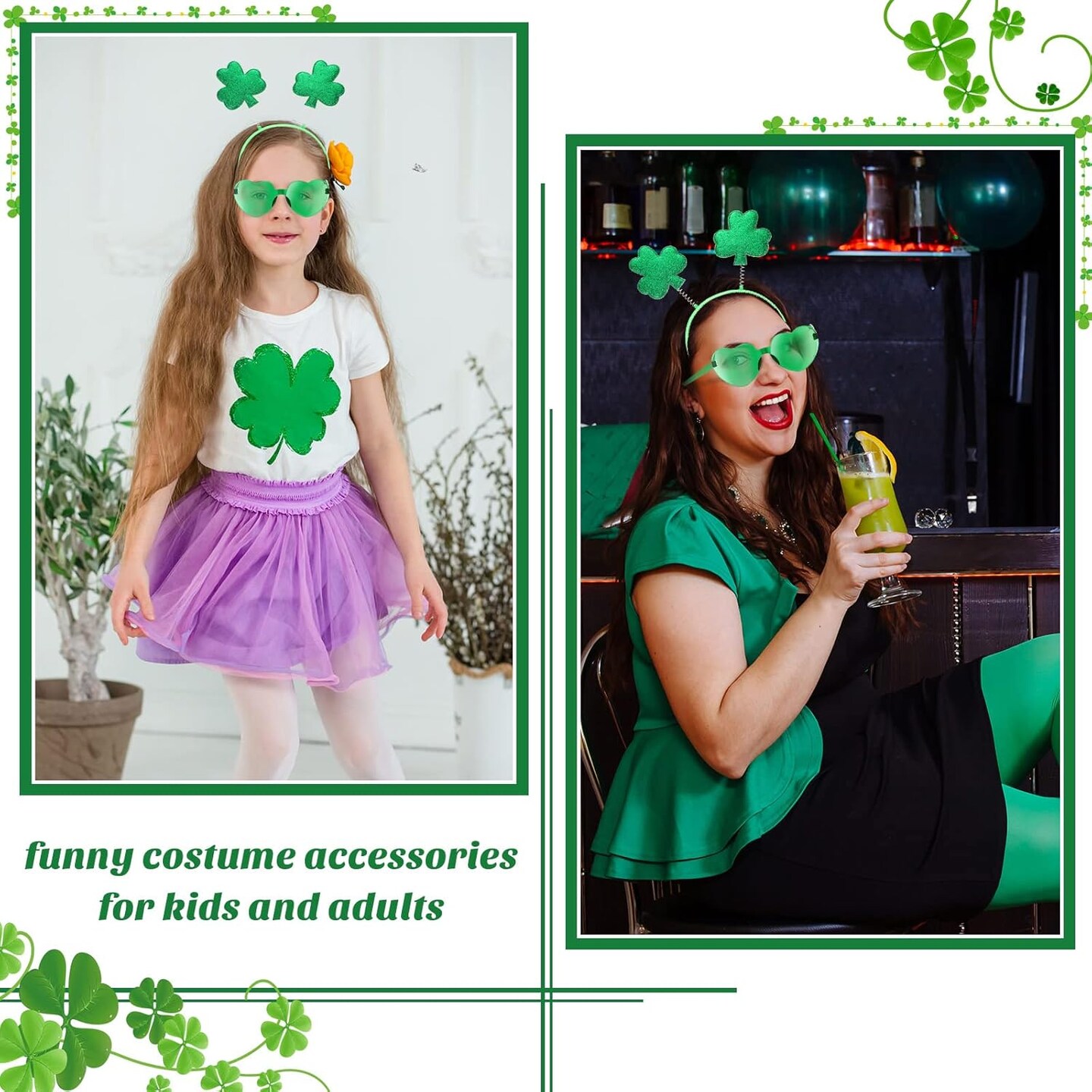 24 Pcs St. Patrick&#x27;s Day Shamrock Headbands Glasses Set, Green St Patricks Day Costume Accessories 12 Pcs Boppers Headwear and 12 Pairs Transparent Rimless Love Eyewear for Irish Party Supplies