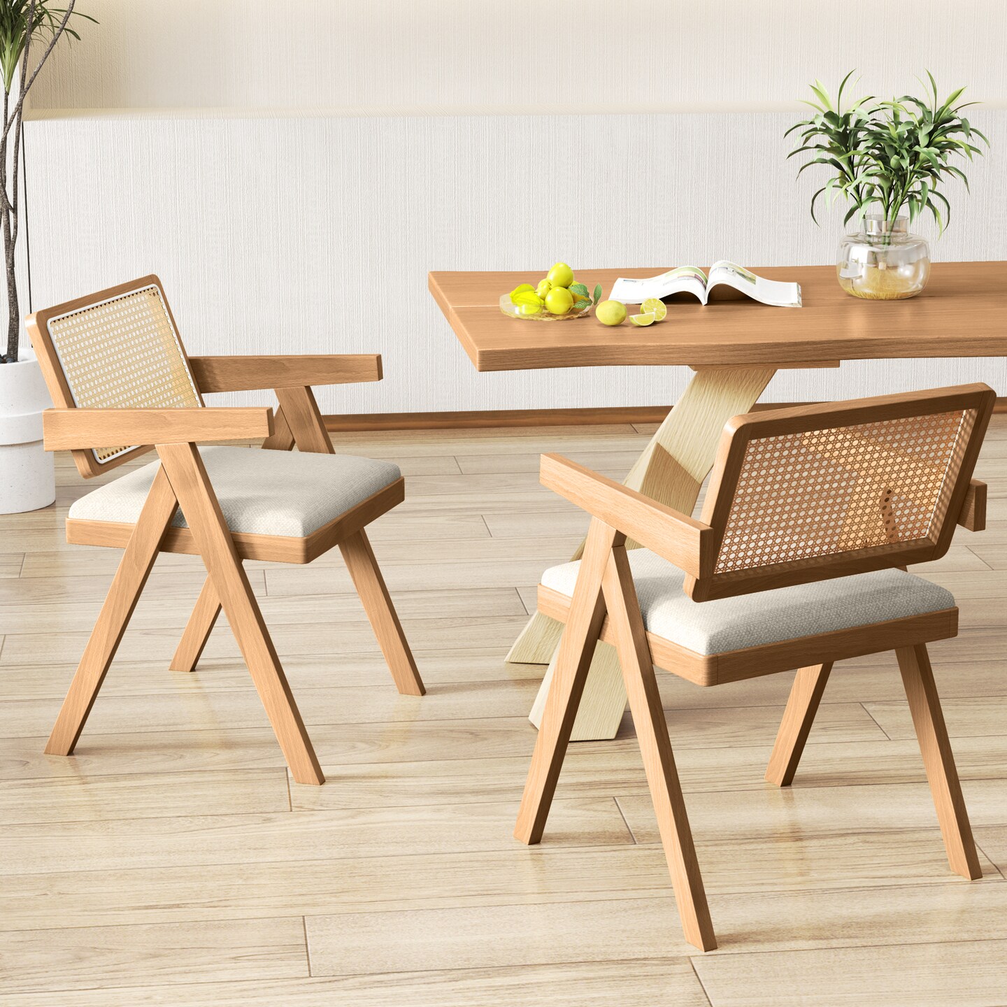 Set of 2 Rattan Accent Chairs with Padded Cushion &#x26; Rubber Wood Frame for Living Room