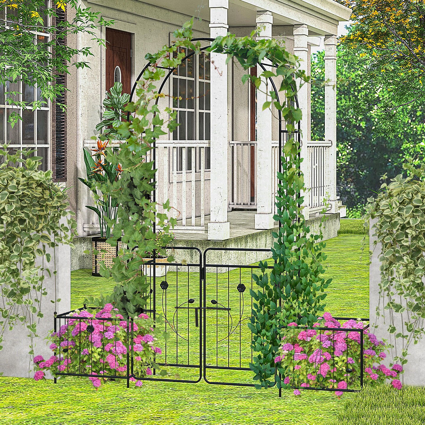 87 Inches Black Garden Arbor with 2 Side Planters and 2 Lockable Door Gate Perfect for Any Decoration