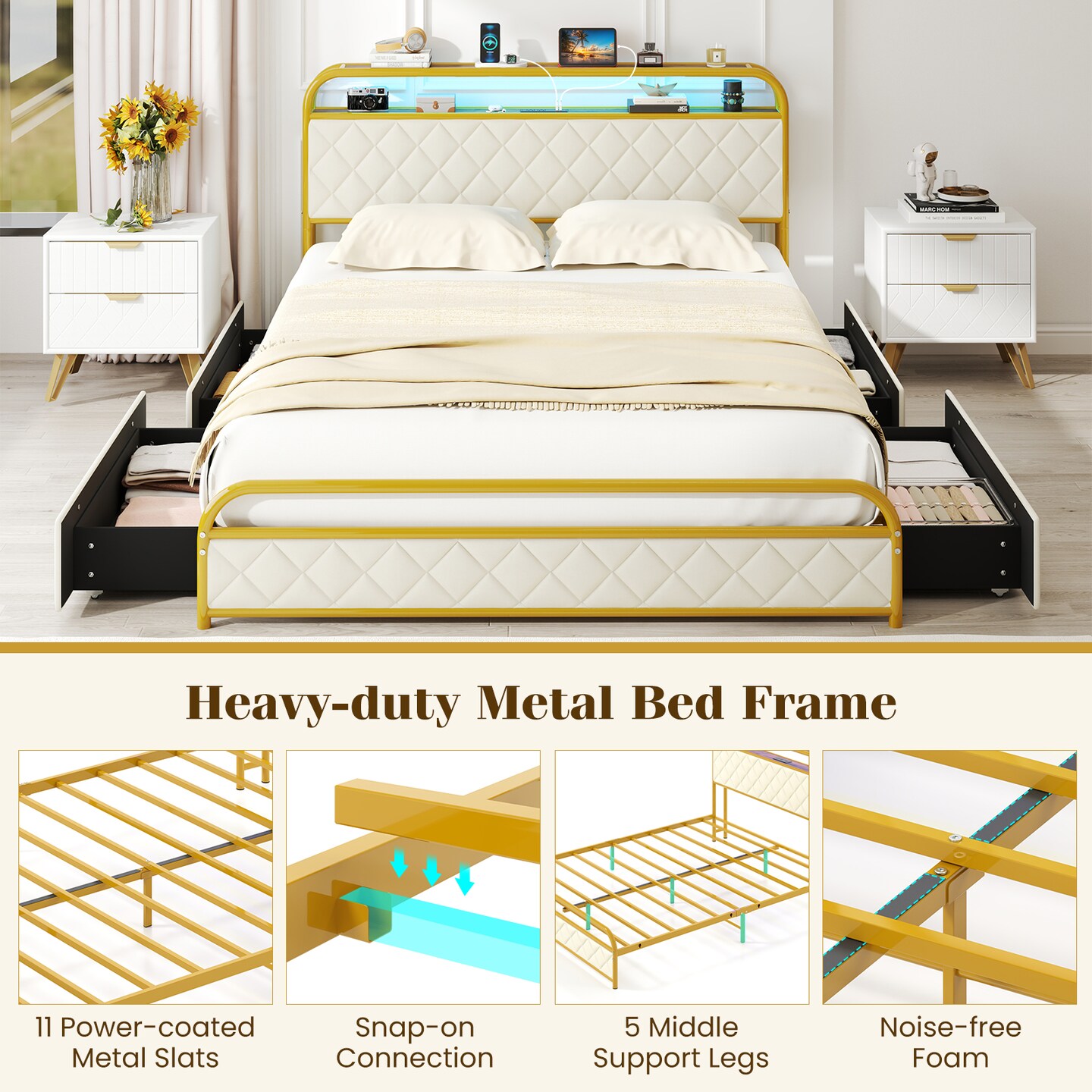 Bed Frame with LED Lights and Charging Station Gold