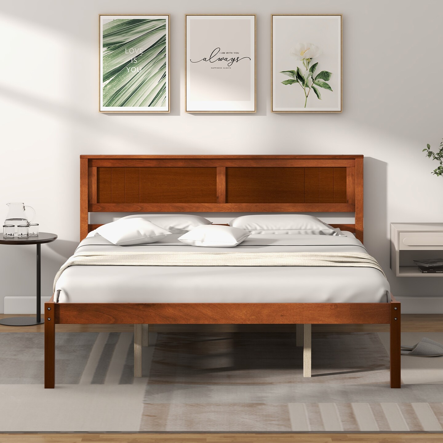 Metal Twin/Full/Queen Size Bed Frame with Wooden Headboard and Slat Support