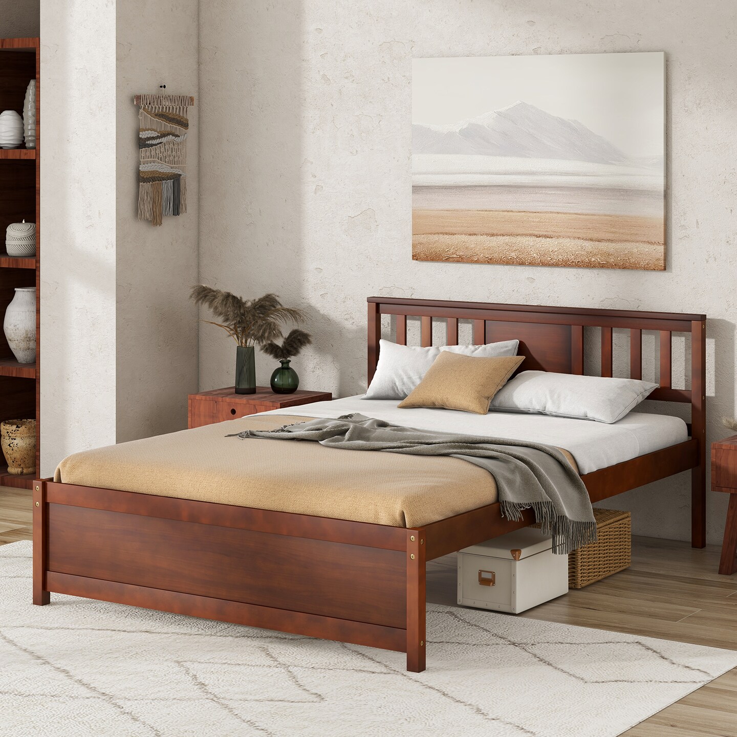 Wooden Platform Bed with Headboard and Slat Support