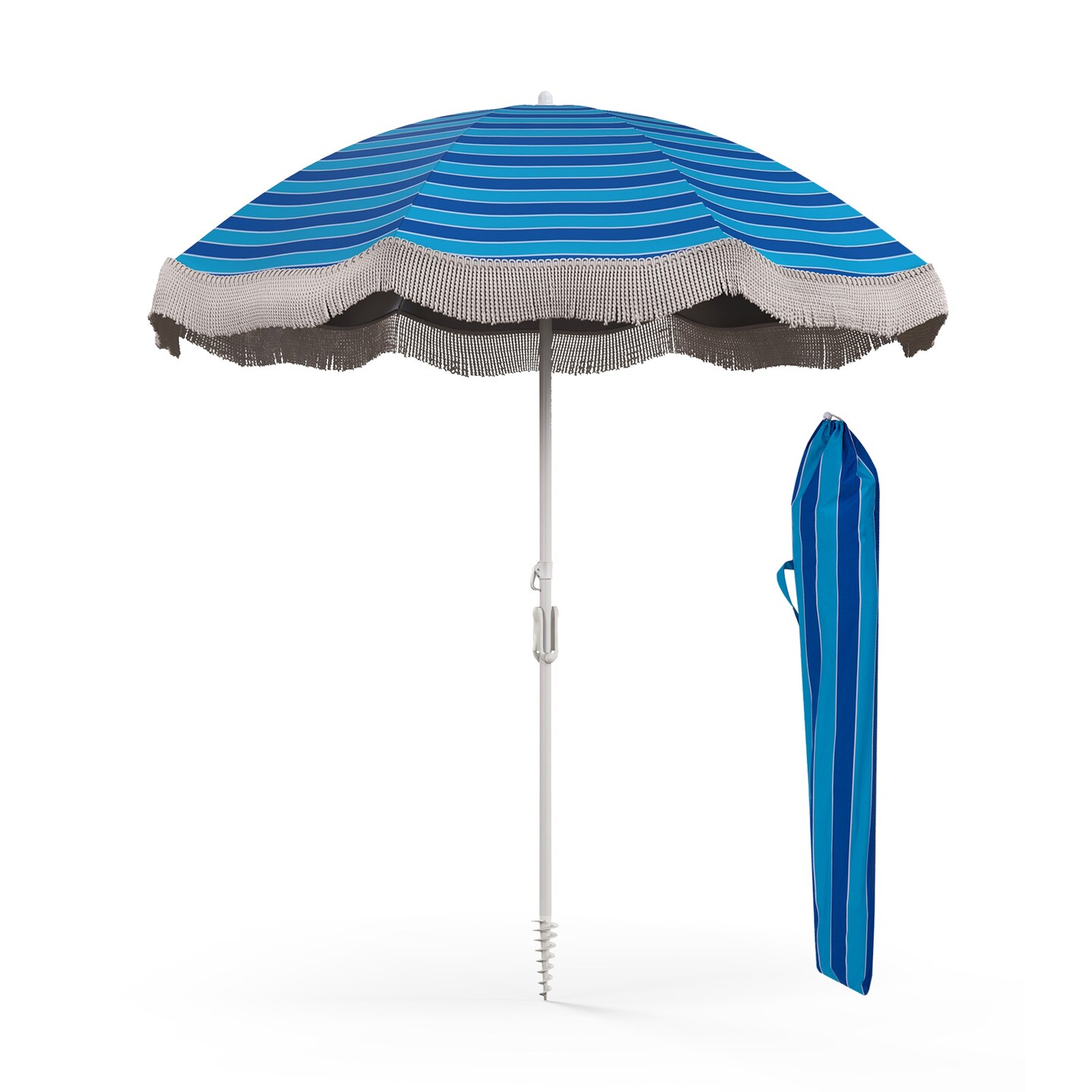 6.5 FT Beach Umbrella with Fringe, Outdoor Tassel Design, Push Button Tilt, UV Protection