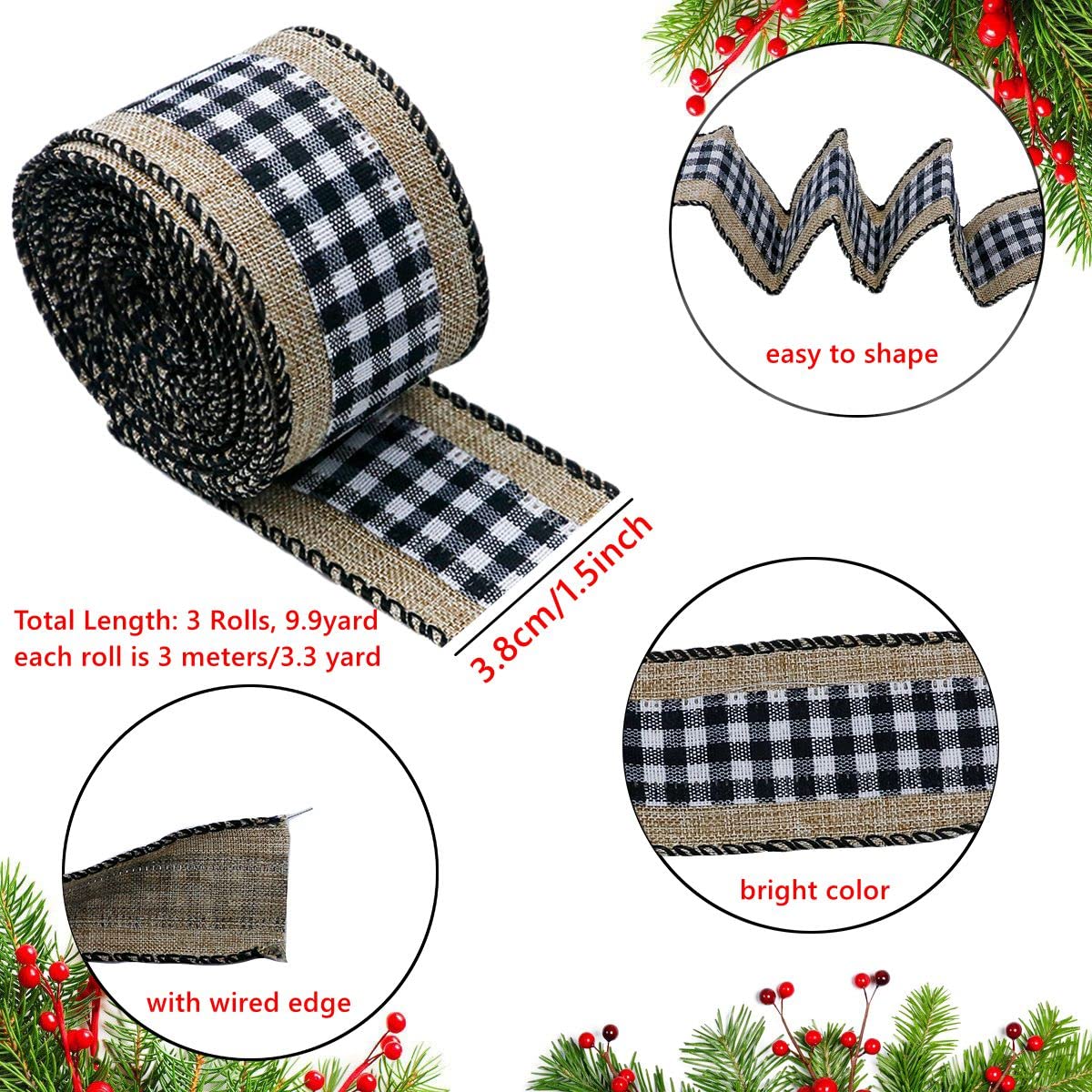 3 Rolls Christmas Buffalo Plaid Ribbon Wired Edge 9.9 Yard Plaid Burlap Ribbon Christmas Checked Burlap Ribbon for Christmas Tree Wrapping Crafts Decoration 1.5 inch Width(Black and White)