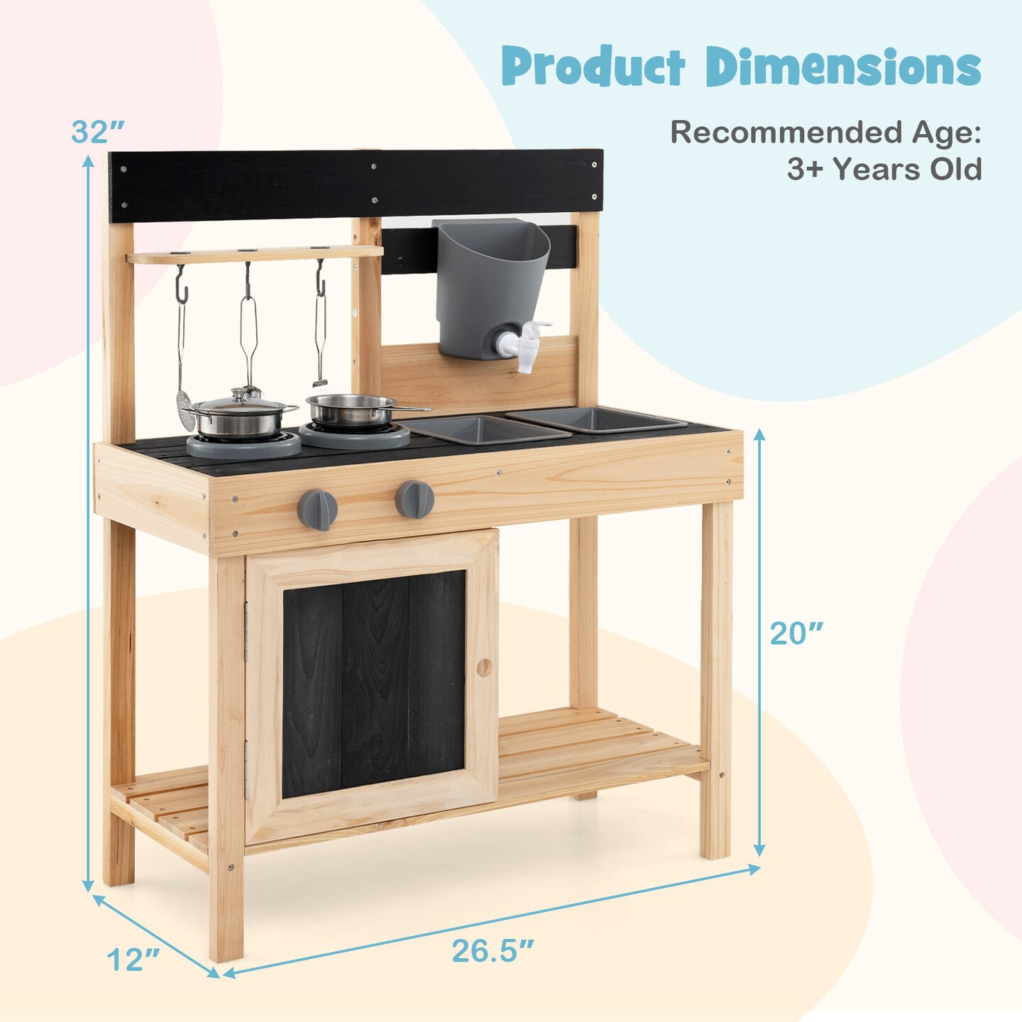 Mud Kitchen Playset Kids Play Kitchen Outdoor with 2 Removable Sinks-Natural