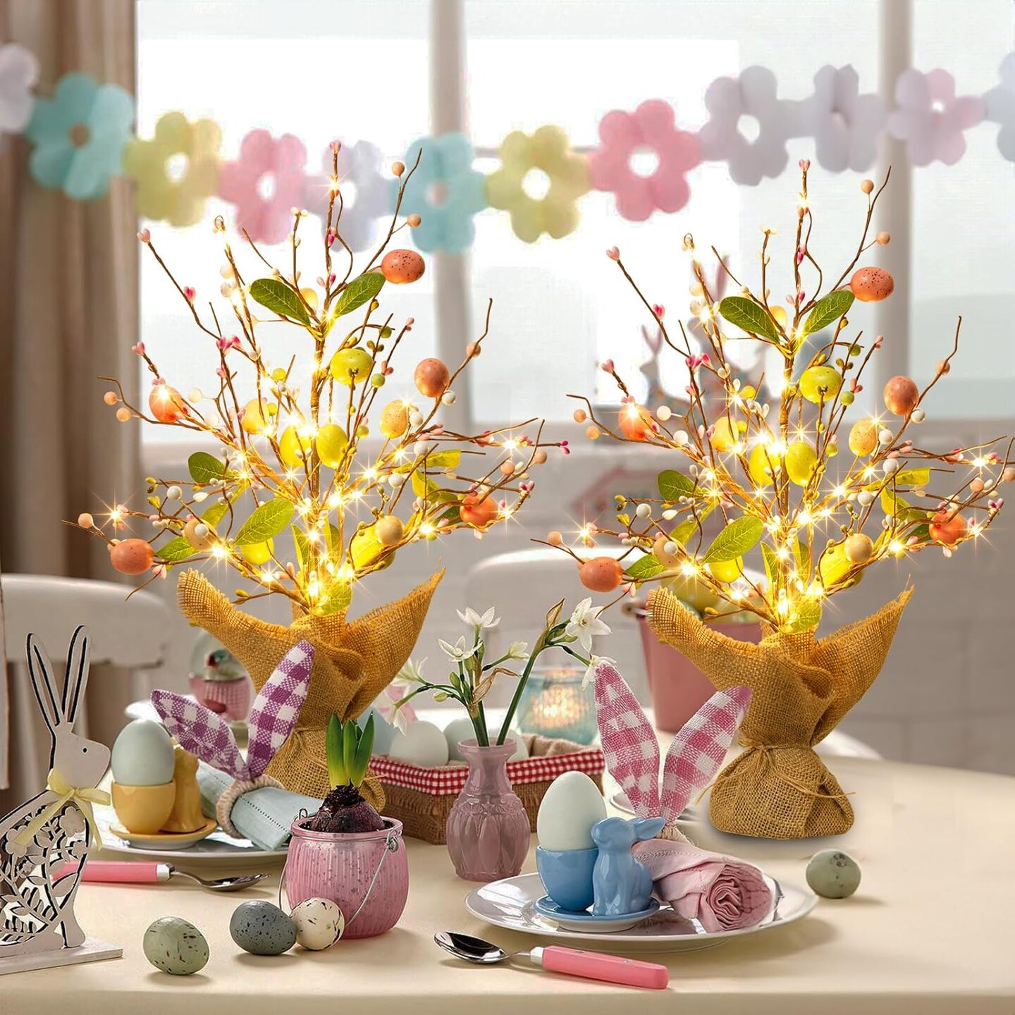 Easter Decorations Easter Egg Tree with Lights, Lighted Trees Battery Powered, Tabletop Centerpiece Decor with Colorful Egg Ornaments for Home Table Party Spring Decoration (2 Pack)