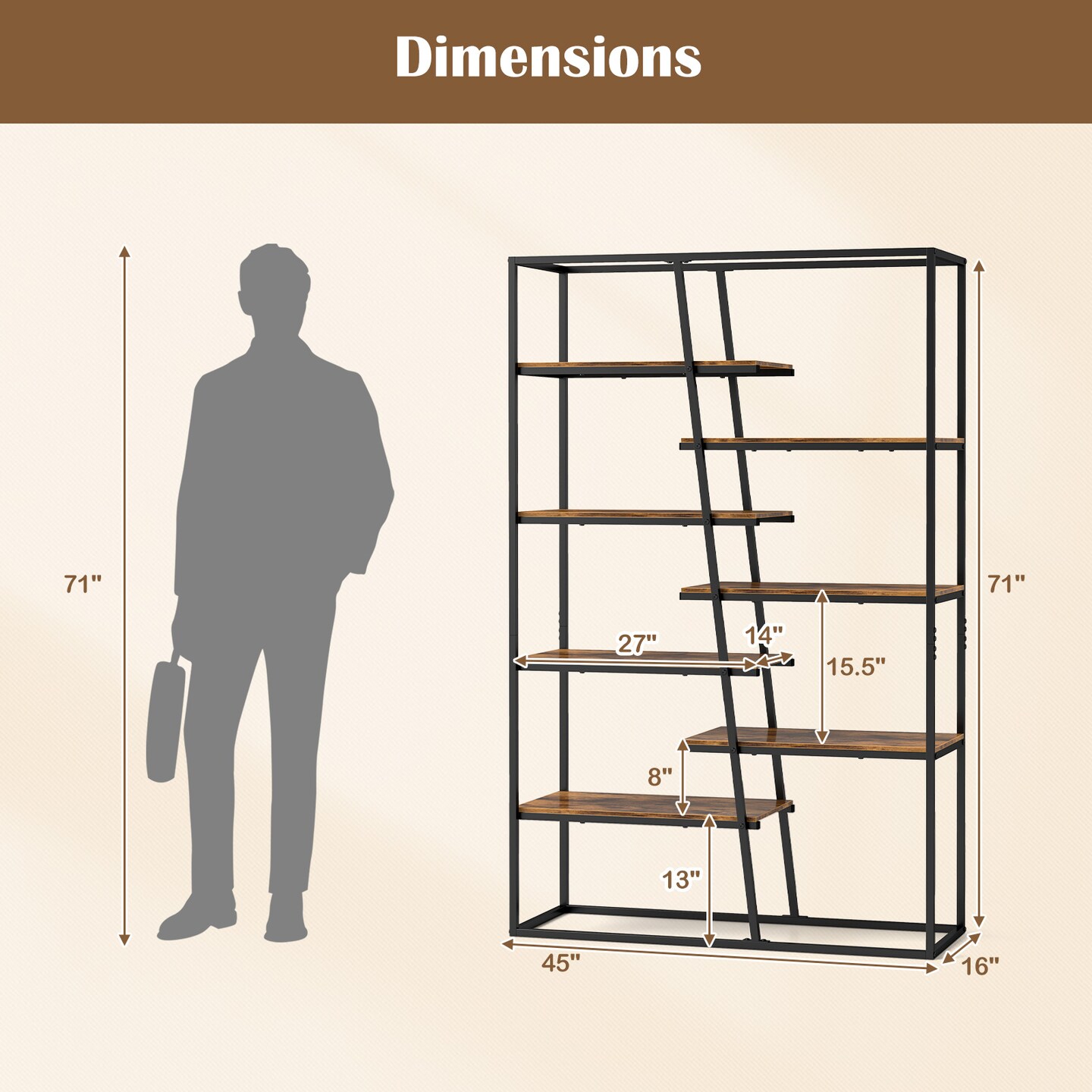 71-Inch 7-Tier Etagere Bookcase with Heavy-Duty Metal Frame and