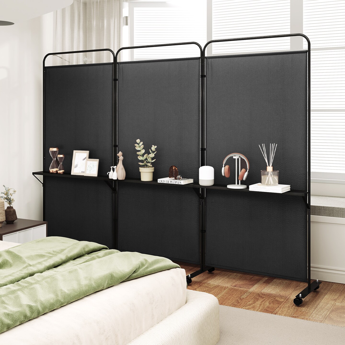 3-Panel Folding Room Divider with 3 Metal Shelves and Lockable Wheels