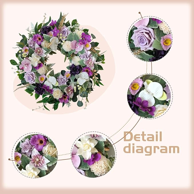 22&#x22; Artificial Flower Wreath Spring/Summer Floral Wreaths for Front Door with Roses Orchid Gardenia Dahlia Full and Elegant Decor for Inside Outside Wall Window Festival Party Wedding &#xFF08;White Purple&#xFF09;