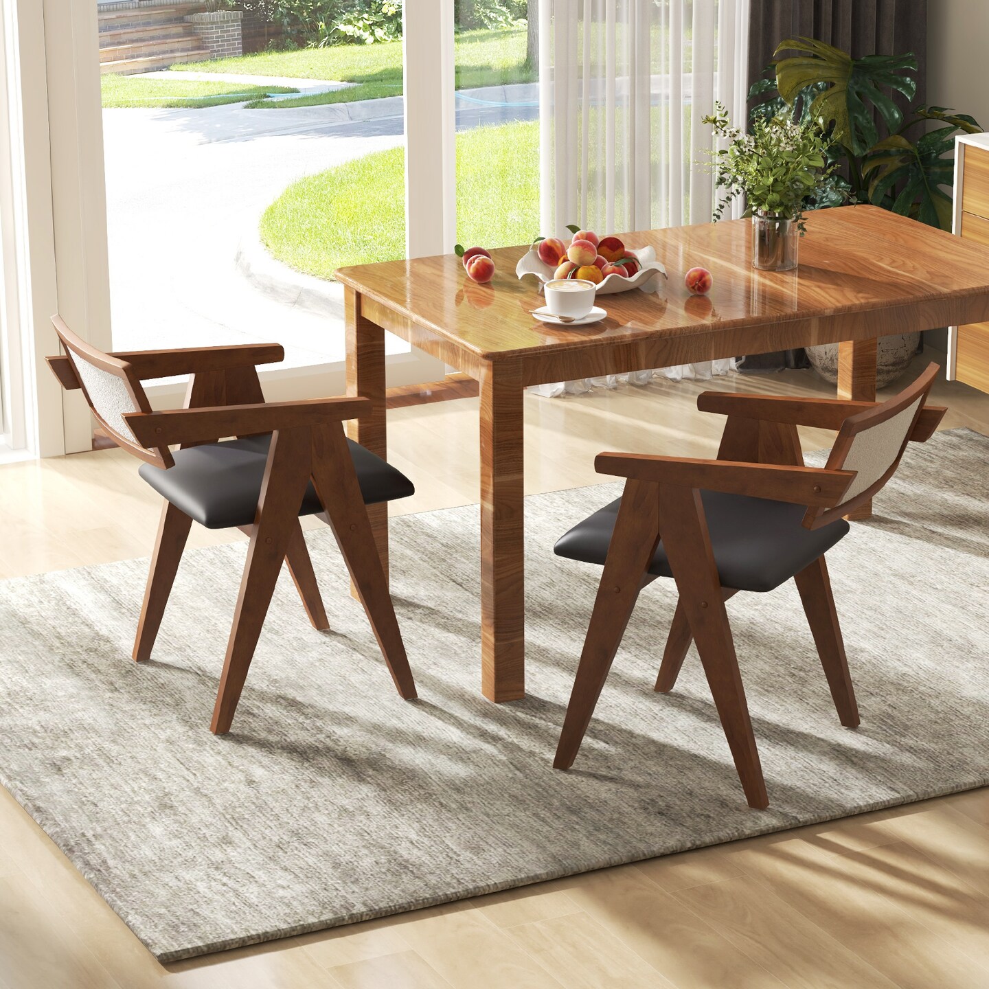 Walnut Wooden Mid-Century Accent Chairs with Leathaire Seat Cushions, Set of 2