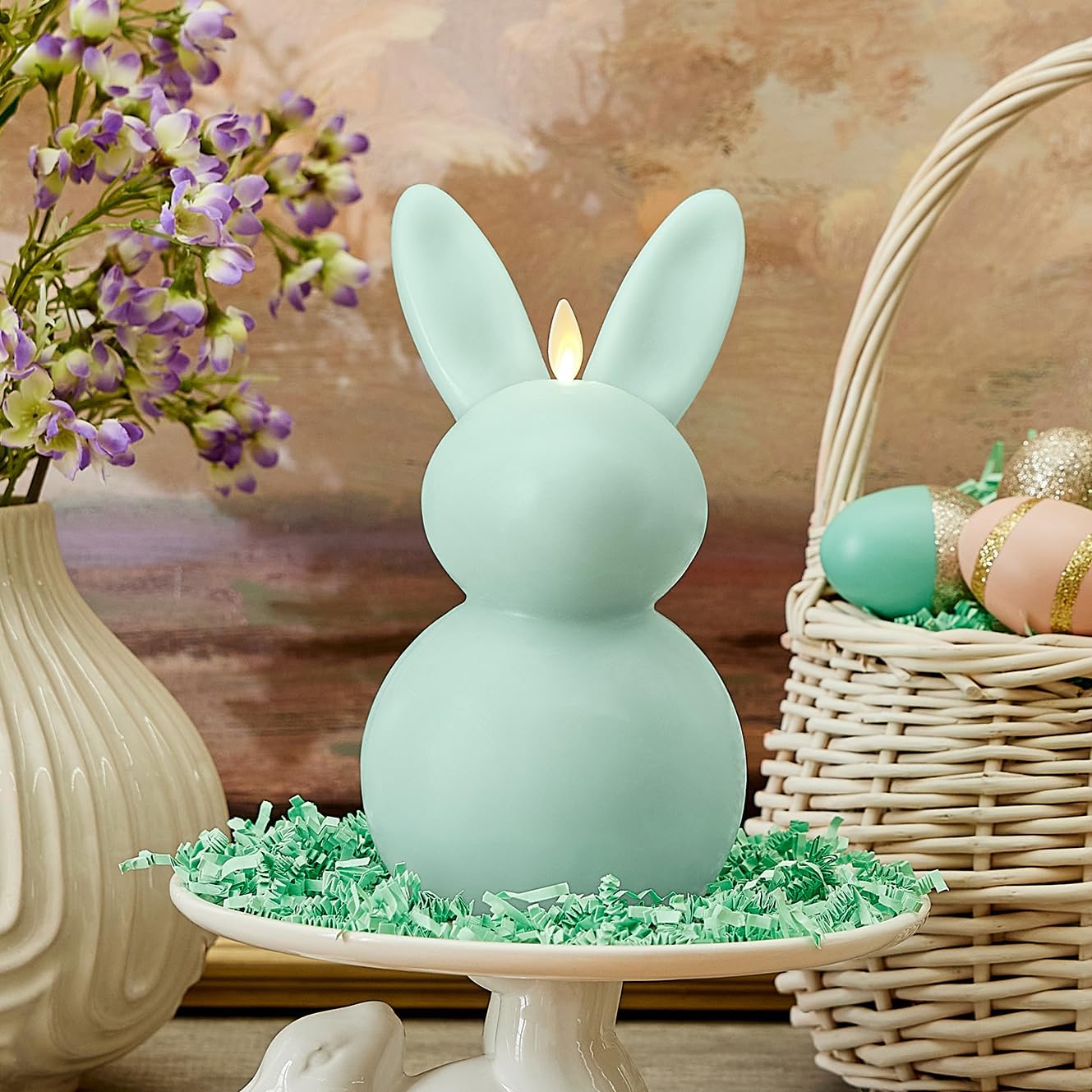 Flameless Candle Easter Bunny, Real Wax Moving Flame LED Candle with Timer, Holiday Table Decoration - 4.5" x 8" (Fresh Mint)