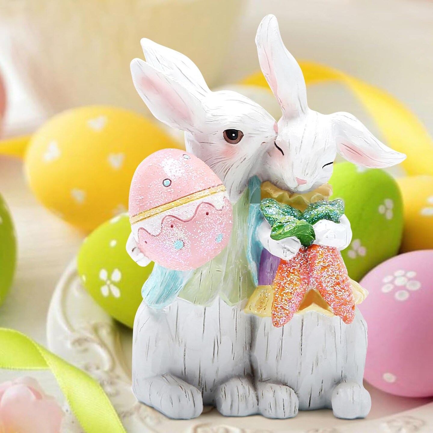 Easter Bunny Hand-Carved Romantic Couple Decorations Spring Easter Rabbit Decors Figurines Tabletopper Decorations for Party Home Holiday Cute Rabbit Easter Day Couple Gifts Decor